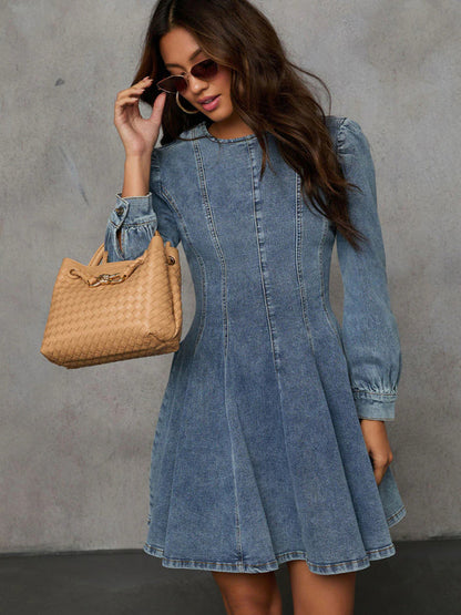 Denim Dresses- Princess Denim Outfit Puff-Sleeved Dress- - IndioGear Women Clothing