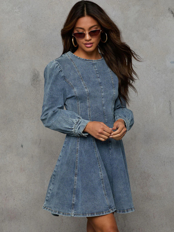 Denim Dresses- Princess Denim Outfit Puff-Sleeved Dress- Denim Blue- IndioGear Women Clothing