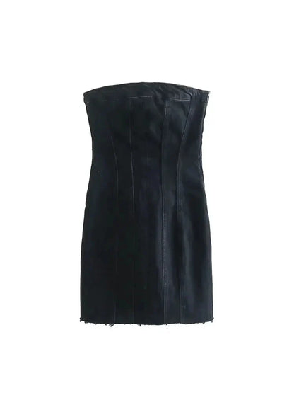 Denim Dresses- Summer Frayed Hem Denim Strapless Mini Dress- Black- IndioGear.com