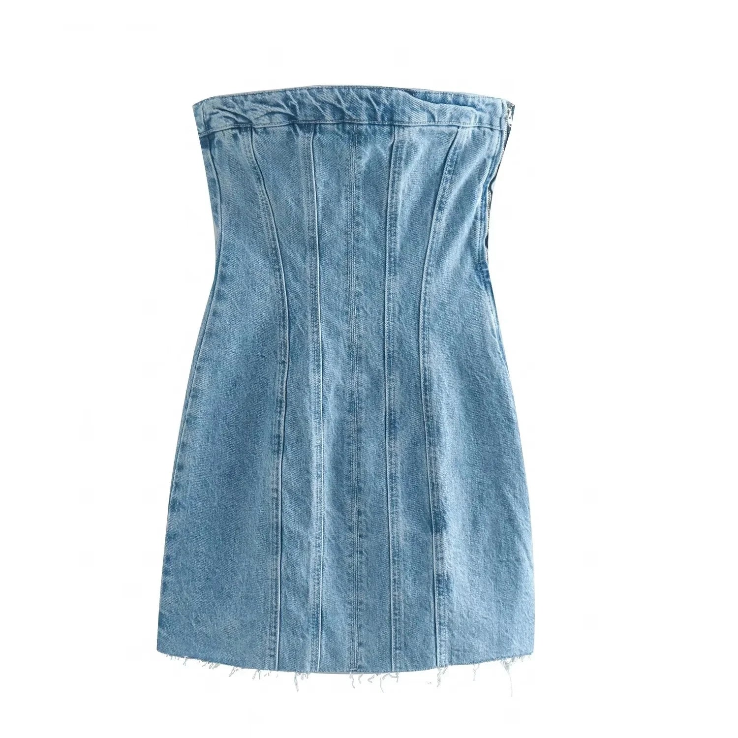 Denim Dresses- Summer Frayed Hem Denim Strapless Mini Dress- - IndioGear.com