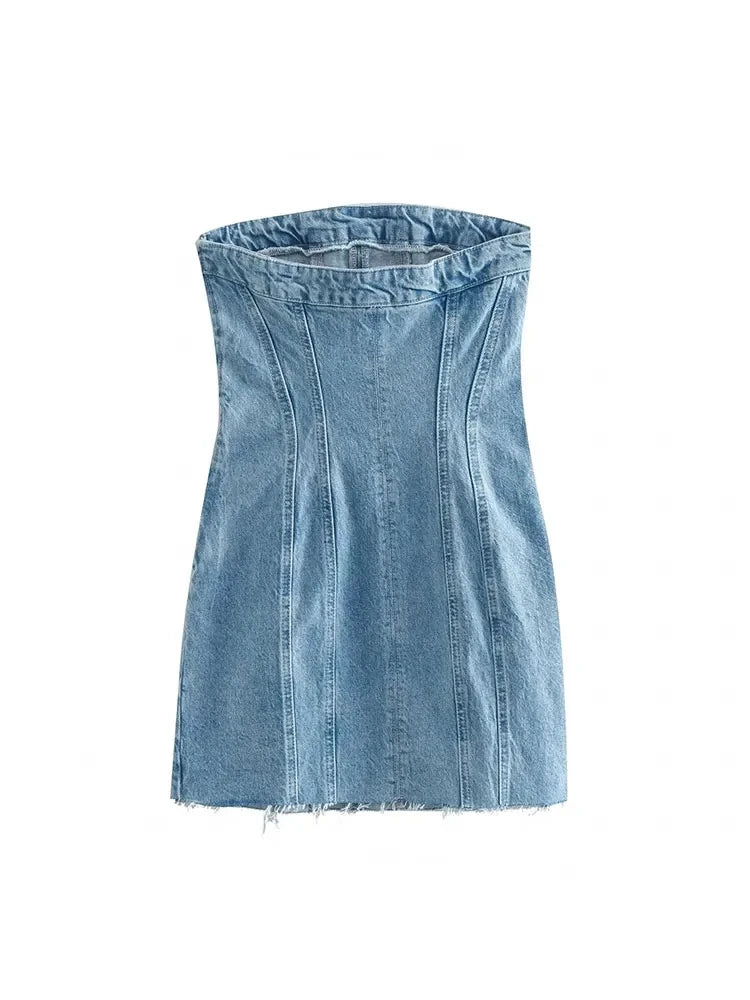 Denim Dresses- Summer Frayed Hem Denim Strapless Mini Dress- - IndioGear.com