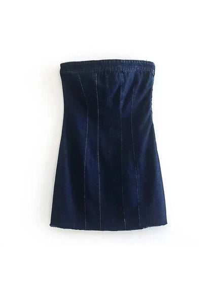 Denim Dresses- Summer Frayed Hem Denim Strapless Mini Dress- Navy- IndioGear.com