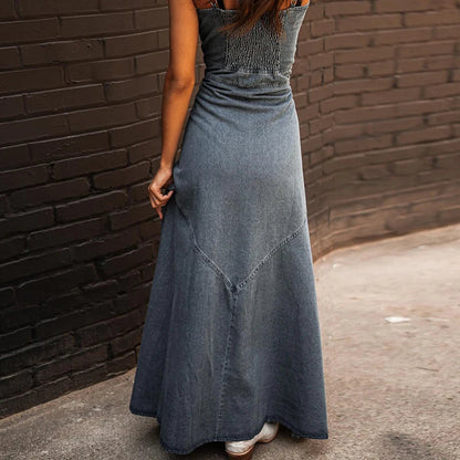 Denim Dresses- Western Denim Maxi Dress with Front Slit- - IndioGear.com