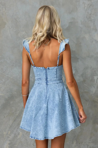 Denim Dresses- Women Casual Ruffle Trim Denim Dress- - IndioGear.com