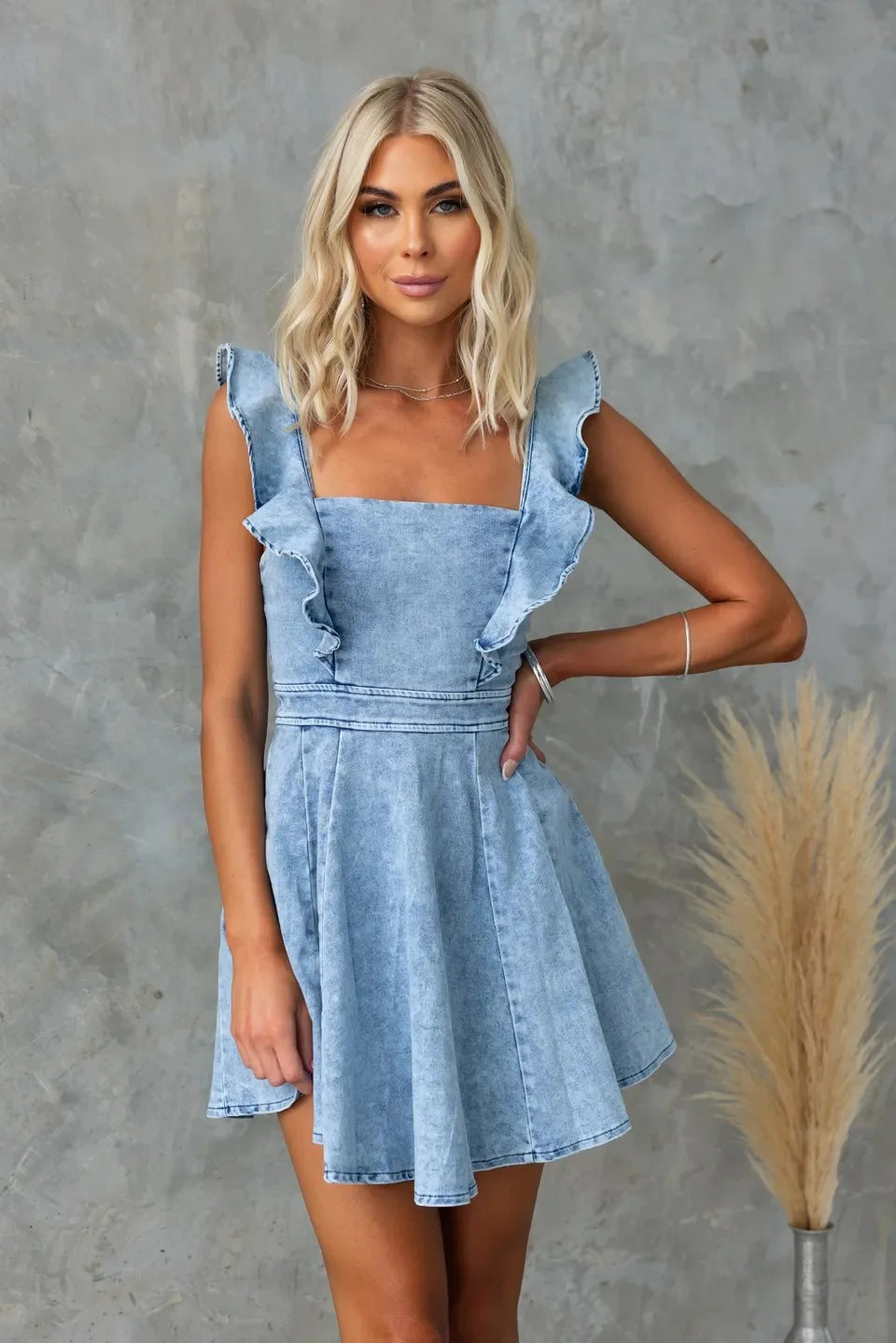 Denim Dresses- Women Casual Ruffle Trim Denim Dress- Light Blue- IndioGear.com