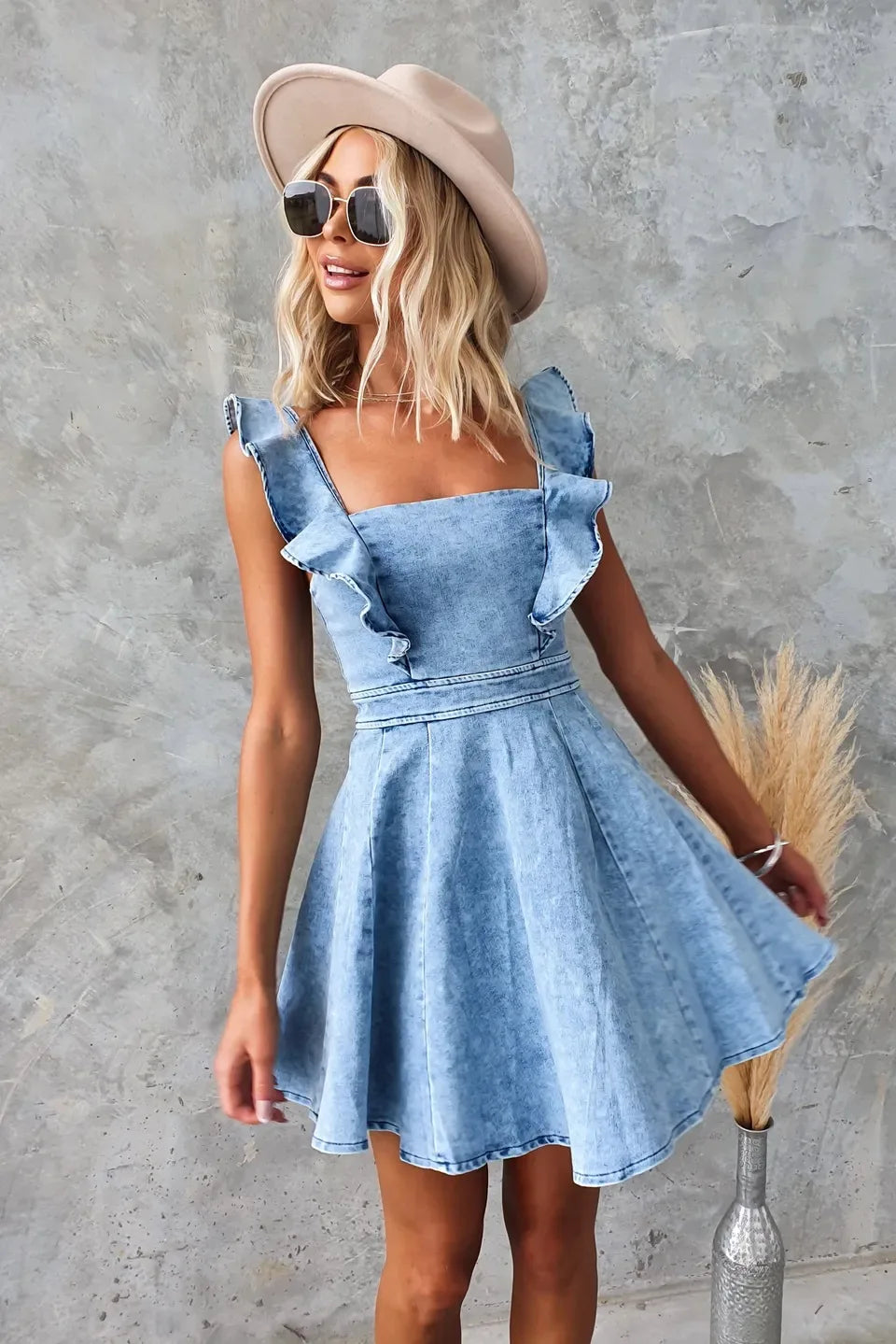 Denim Dresses- Women Casual Ruffle Trim Denim Dress- - IndioGear.com