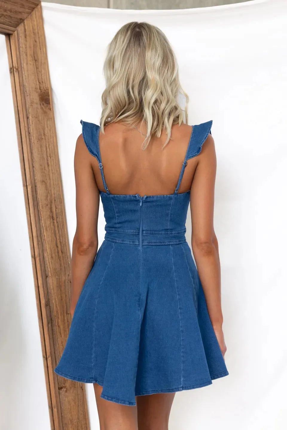 Denim Dresses- Women Casual Ruffle Trim Denim Dress- - IndioGear.com