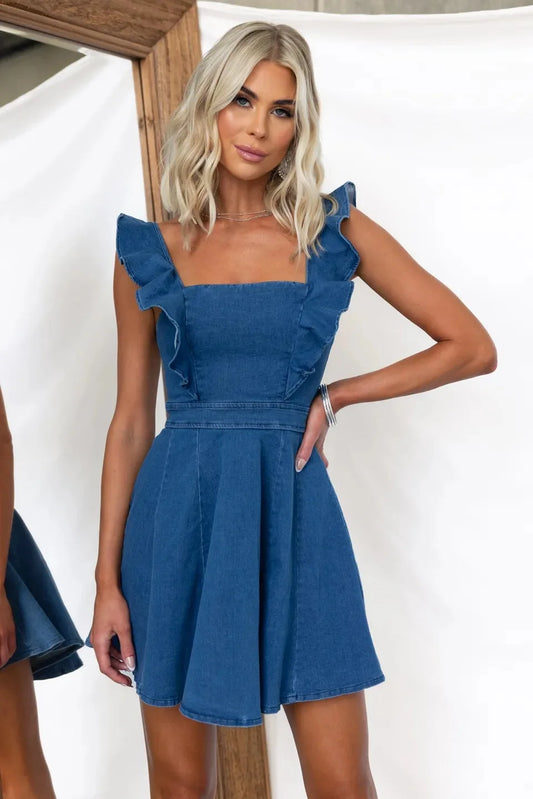 Denim Dresses- Women Casual Ruffle Trim Denim Dress- Blue- IndioGear.com