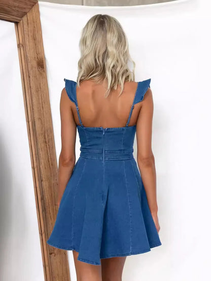 Denim Dresses- Women Casual Ruffle Trim Denim Dress- - IndioGear.com