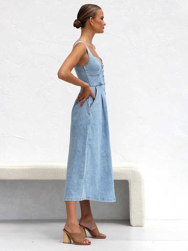 Denim Dresses- Women’s A-Line Denim Midi Dress with Sweetheart Neckline- - IndioGear.com