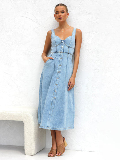 Denim Dresses- Women’s A-Line Denim Midi Dress with Sweetheart Neckline- - IndioGear.com