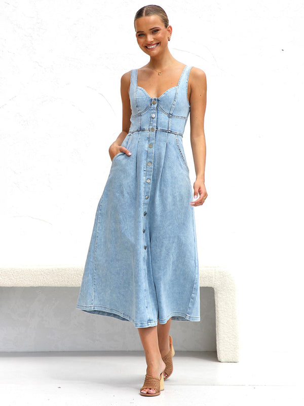 Denim Dresses- Women’s A-Line Denim Midi Dress with Sweetheart Neckline- - IndioGear.com