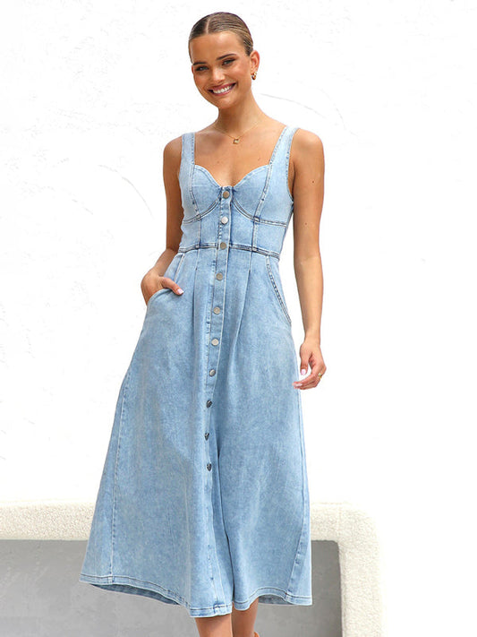 Denim Dresses- Women’s A-Line Denim Midi Dress with Sweetheart Neckline- Blue- IndioGear.com