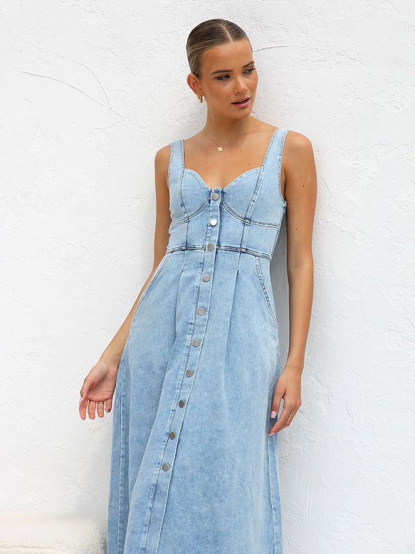 Denim Dresses- Women’s A-Line Denim Midi Dress with Sweetheart Neckline- - IndioGear.com