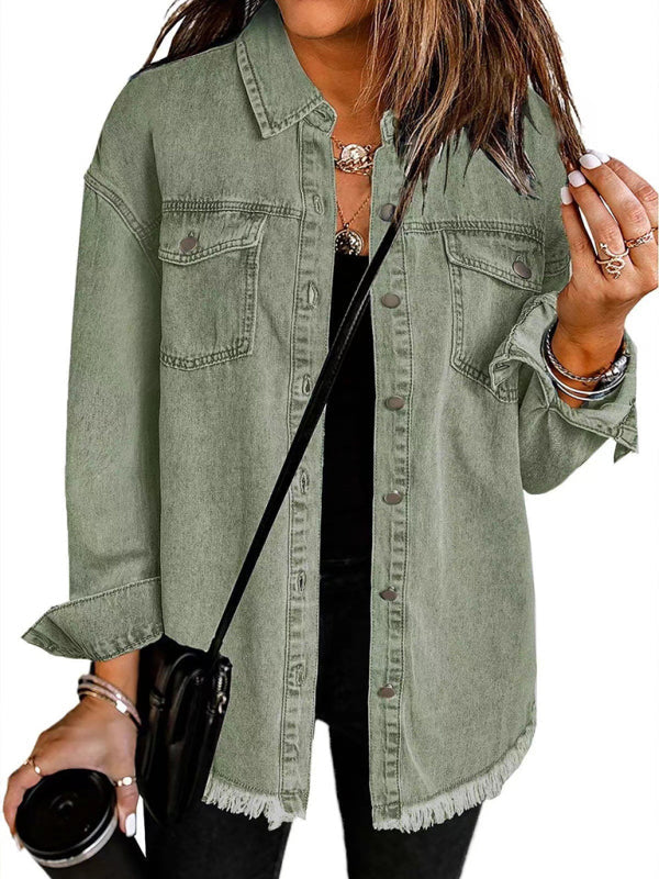 Denim Jackets- Frayed Denim Casual Shirt Shacket- Green grey- IndioGear Women Clothing