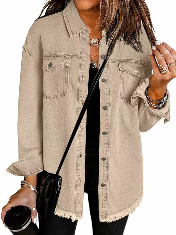 Denim Jackets- Frayed Denim Casual Shirt Shacket- Khaki- IndioGear Women Clothing