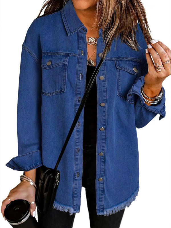 Denim Jackets- Frayed Denim Casual Shirt Shacket- Purplish blue navy- IndioGear Women Clothing