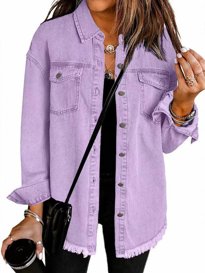 Denim Jackets- Frayed Denim Casual Shirt Shacket- Purple- IndioGear Women Clothing