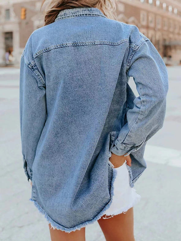 Denim Jackets- Frayed Denim Casual Shirt Shacket- - IndioGear Women Clothing