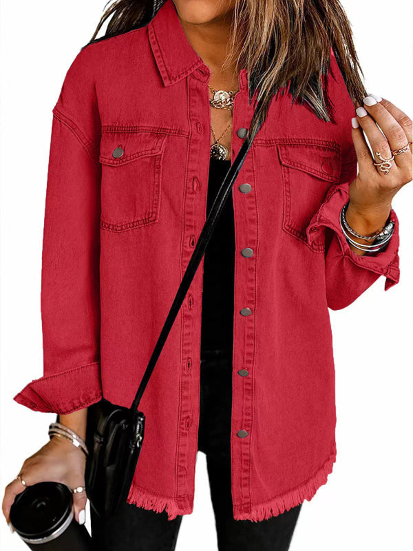 Denim Jackets- Frayed Denim Casual Shirt Shacket- Red- IndioGear Women Clothing