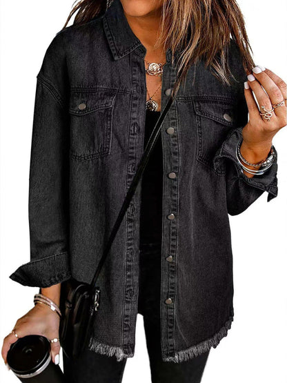 Denim Jackets- Frayed Denim Casual Shirt Shacket- Black- IndioGear Women Clothing