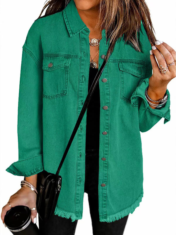 Denim Jackets- Frayed Denim Casual Shirt Shacket- Green- IndioGear Women Clothing