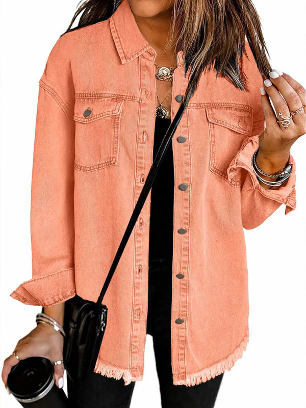 Denim Jackets- Frayed Denim Casual Shirt Shacket- Orange- IndioGear Women Clothing