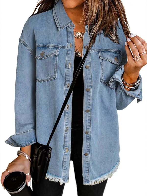 Denim Jackets- Frayed Denim Casual Shirt Shacket- Denim Blue- IndioGear Women Clothing