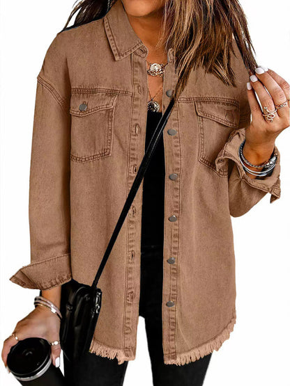 Denim Jackets- Frayed Denim Casual Shirt Shacket- Brown- IndioGear Women Clothing