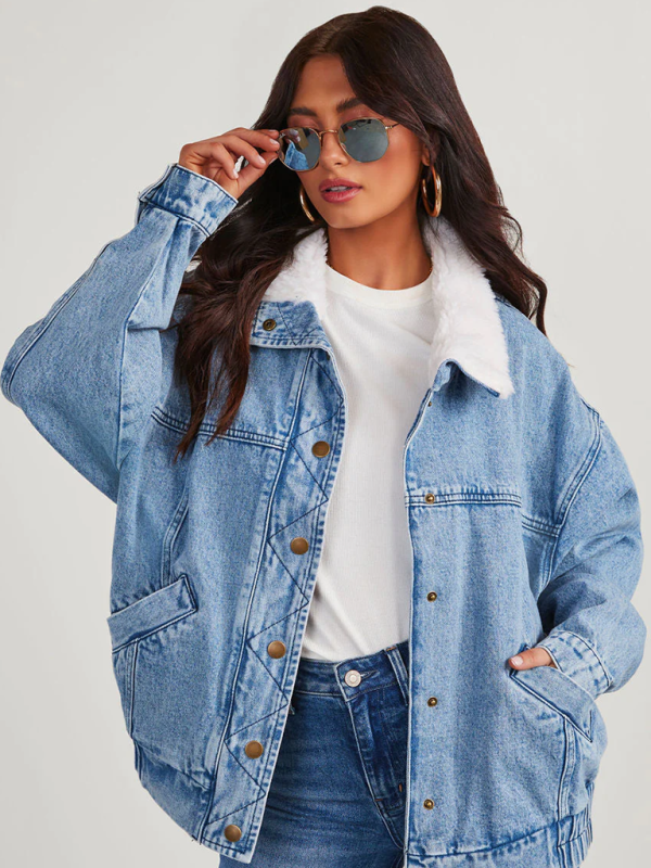 Denim Jackets- Hip-Length Denim Jacket with Fur Collar- - IndioGear Women Clothing