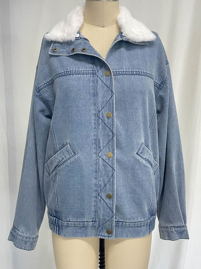 Denim Jackets- Hip-Length Denim Jacket with Fur Collar- - IndioGear Women Clothing