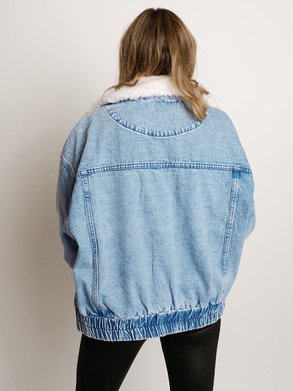 Denim Jackets- Hip-Length Denim Jacket with Fur Collar- - IndioGear Women Clothing