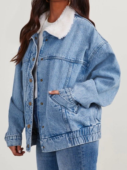 Denim Jackets- Hip-Length Denim Jacket with Fur Collar- - IndioGear Women Clothing