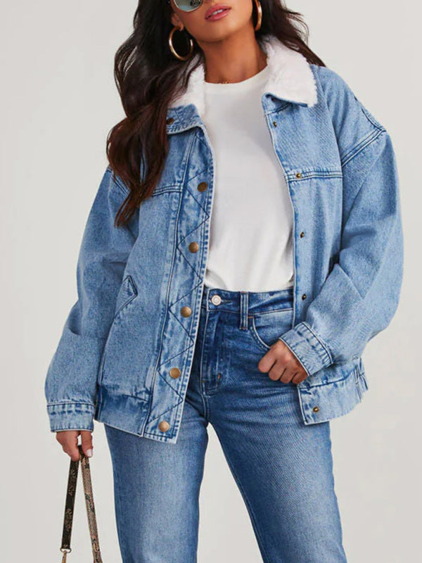 Denim Jackets- Hip-Length Denim Jacket with Fur Collar- Denim Blue- IndioGear Women Clothing