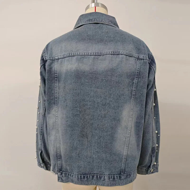 Denim Jackets - Pearl Applique Distressed Hems Denim Jackets