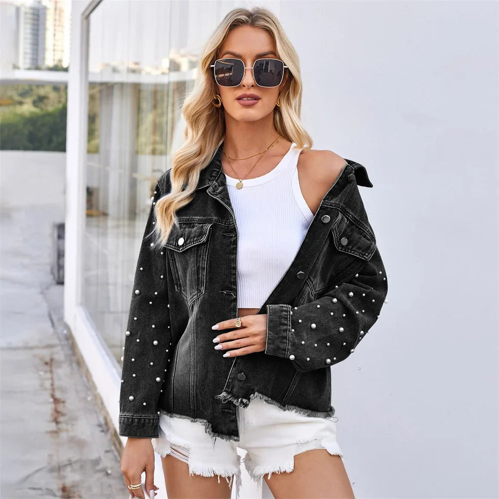 Denim Jackets - Pearl Applique Distressed Hems Denim Jackets