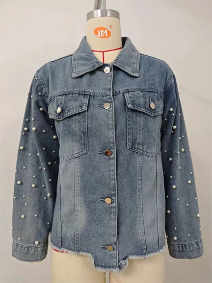 Denim Jackets - Pearl Applique Distressed Hems Denim Jackets