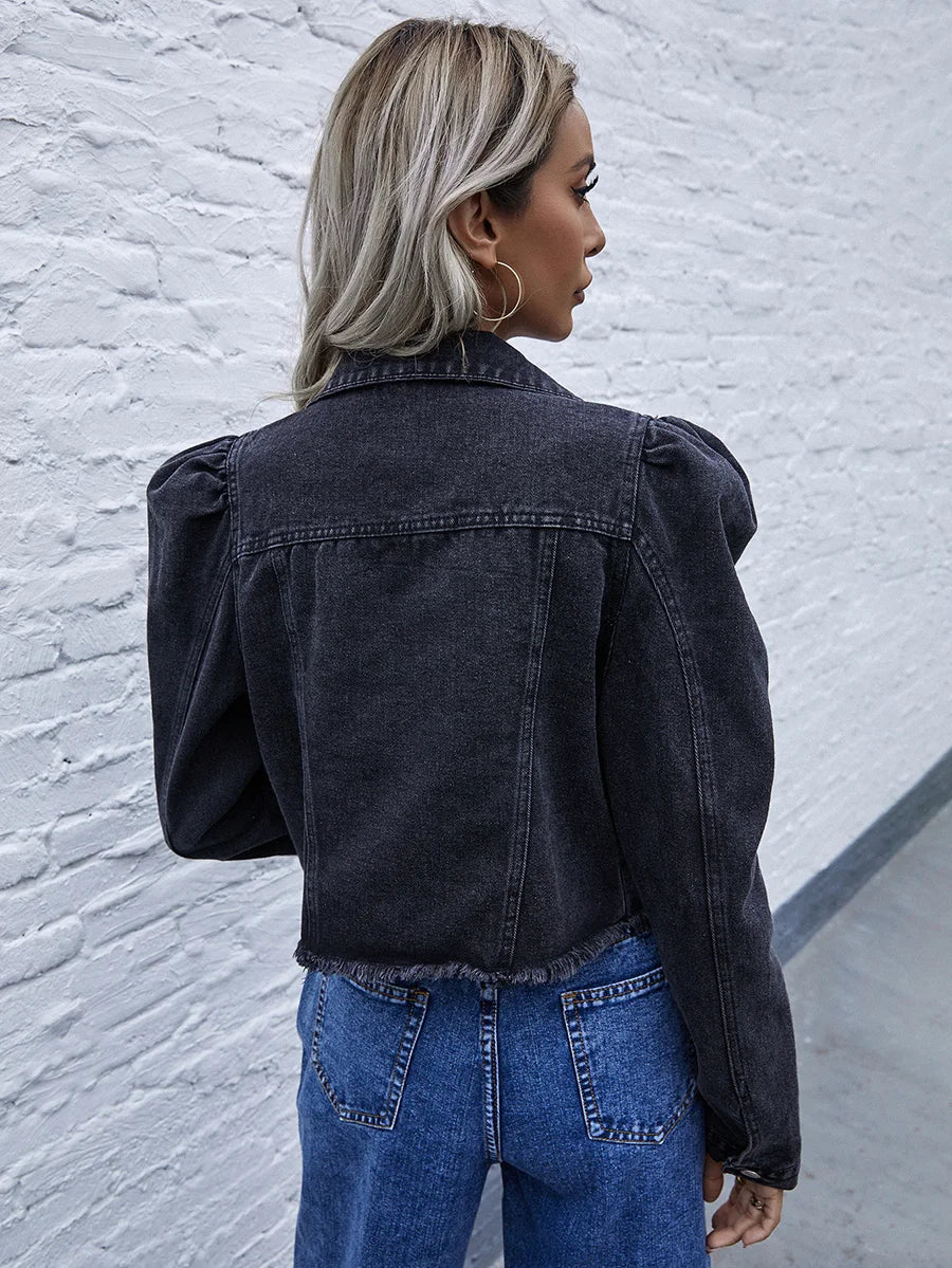 Denim Jackets - Puff Sleeve Crop Denim Jackets - Female Outwear Casual Denim Jackets