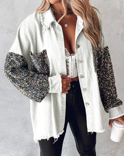 Denim Jackets- Sequin Accents on Oversized Distressed Denim Shacket – Metal Buttons Closure- - IndioGear.com