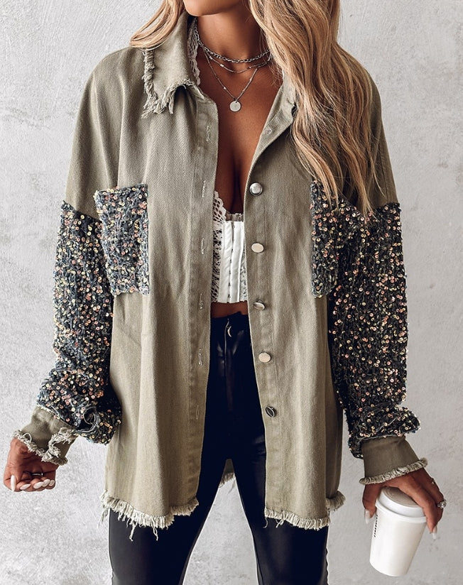 Denim Jackets- Sequin Accents on Oversized Distressed Denim Shacket – Metal Buttons Closure- - IndioGear.com