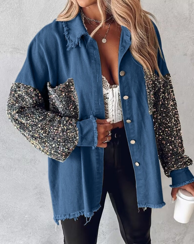 Denim Jackets- Sequin Accents on Oversized Distressed Denim Shacket – Metal Buttons Closure- - IndioGear.com