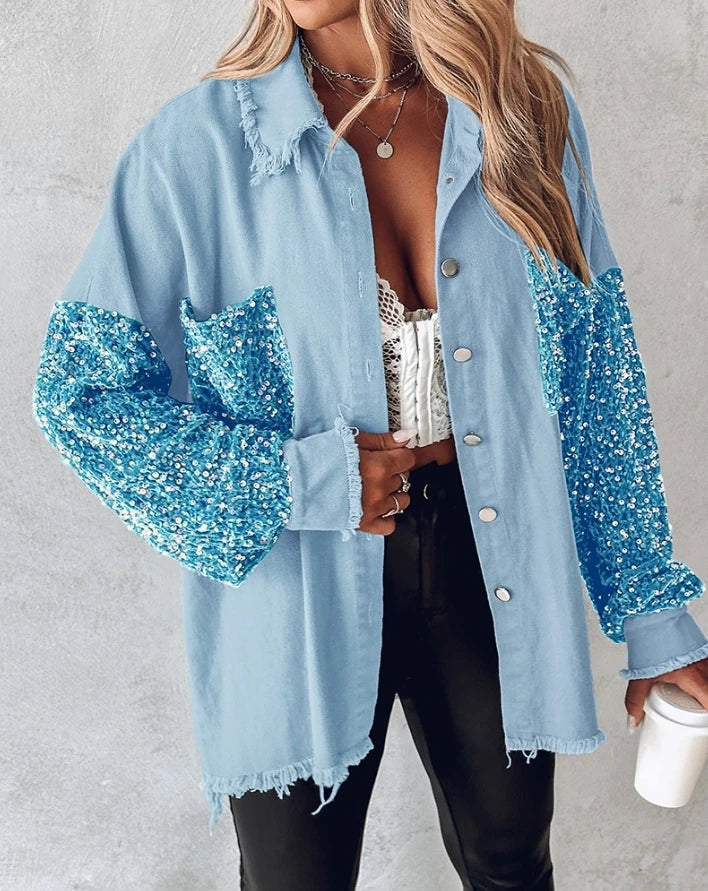 Denim Jackets- Sequin Accents on Oversized Distressed Denim Shacket – Metal Buttons Closure- - IndioGear.com