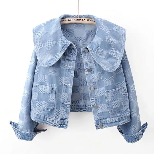 Denim Jackets- Women Cropped Denim Jacket with Peter Pan Collar- - IndioGear.com