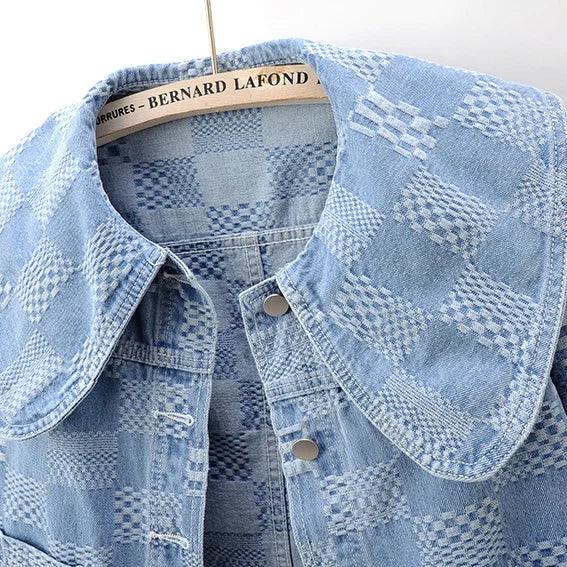 Denim Jackets- Women Cropped Denim Jacket with Peter Pan Collar- - IndioGear.com