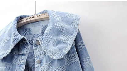 Denim Jackets- Women Cropped Denim Jacket with Peter Pan Collar- - IndioGear.com