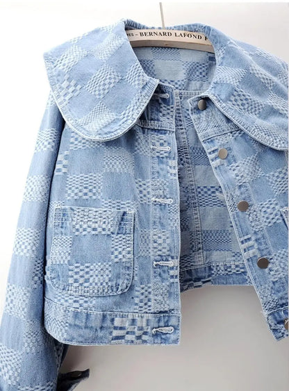 Denim Jackets- Women Cropped Denim Jacket with Peter Pan Collar- - IndioGear.com