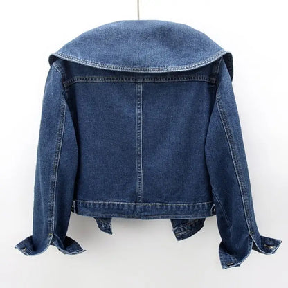 Denim Jackets- Women Cropped Denim Jacket with Peter Pan Collar- - IndioGear.com