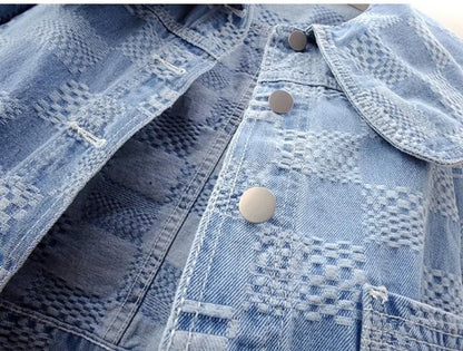 Denim Jackets- Women Cropped Denim Jacket with Peter Pan Collar- - IndioGear.com