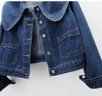 Denim Jackets- Women Cropped Denim Jacket with Peter Pan Collar- - IndioGear.com