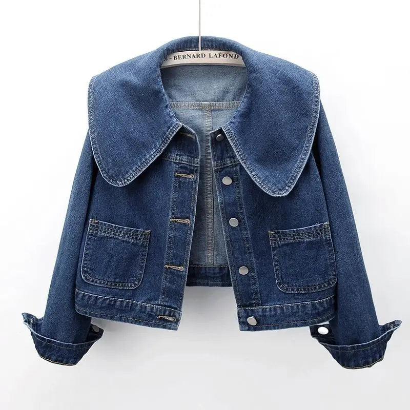 Denim Jackets- Women Cropped Denim Jacket with Peter Pan Collar- Blue- IndioGear.com